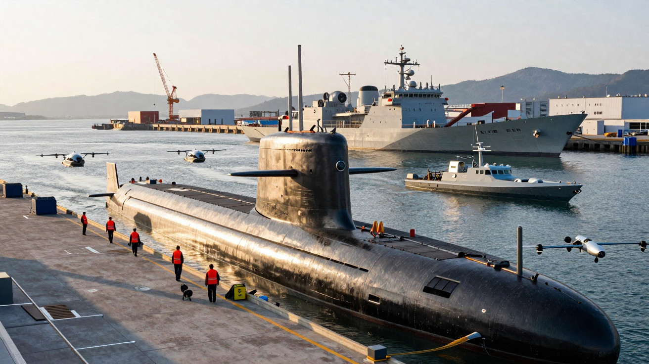 Submarino preto atracado em porto com quatro pessoas de colete laranja ao redor e navios ao fundo.