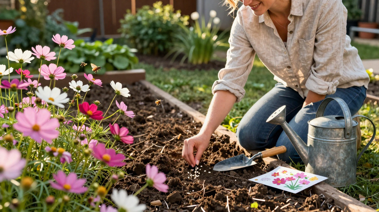 Mulher plantando sementes em canteiro com flores coloridas e regador ao lado em jardim ensolarado.
