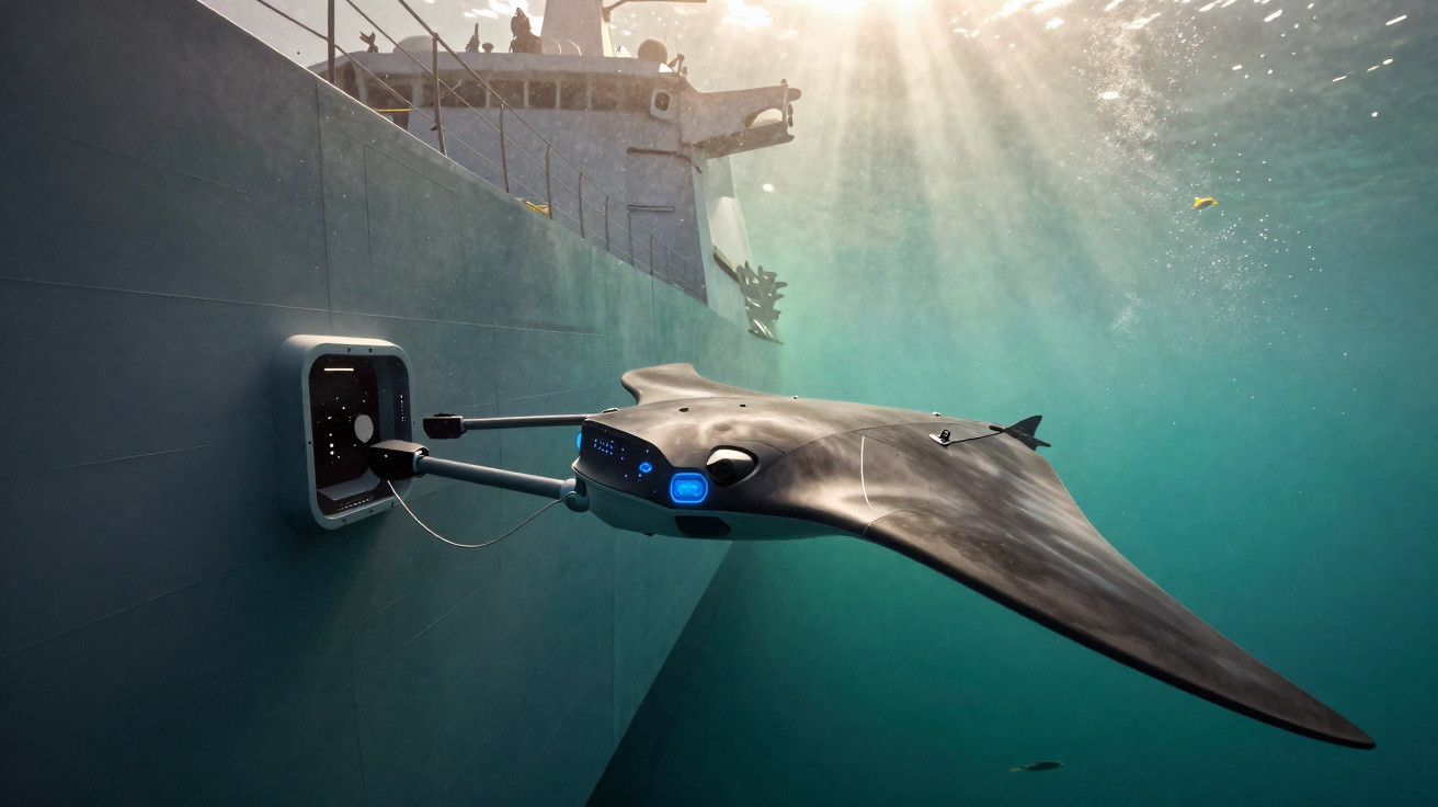Robô subaquático em forma de arraia conectado a navio para coleta de dados oceanográficos.