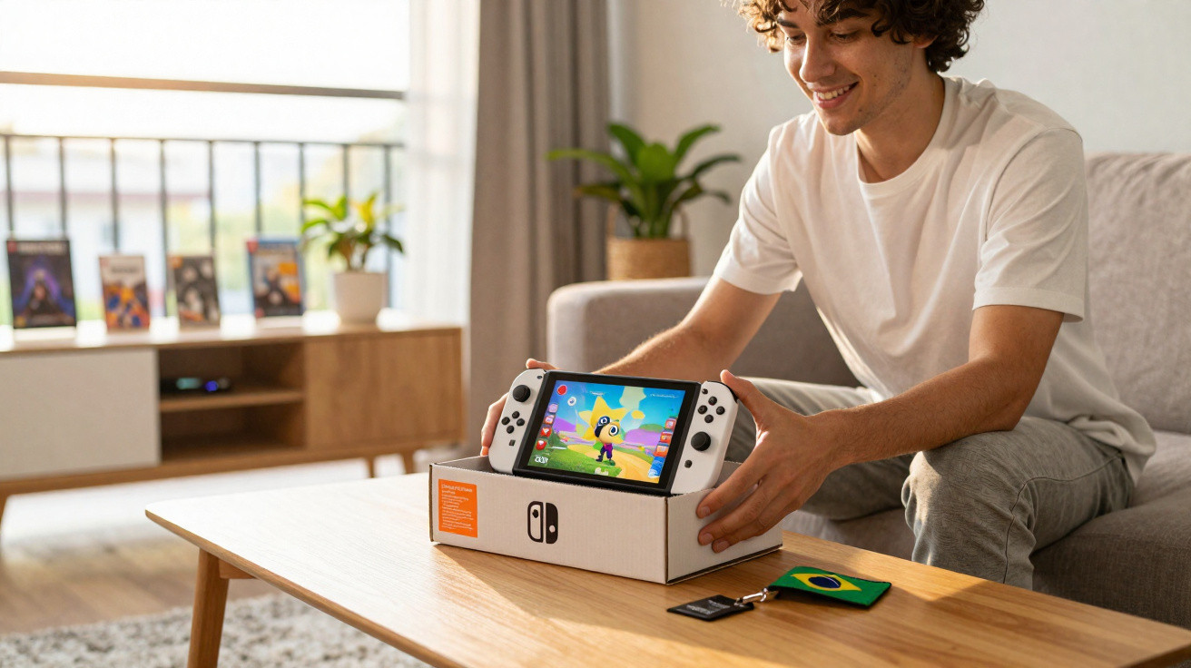 Jovem sorrindo enquanto configura um Nintendo Switch em uma sala iluminada e aconchegante.