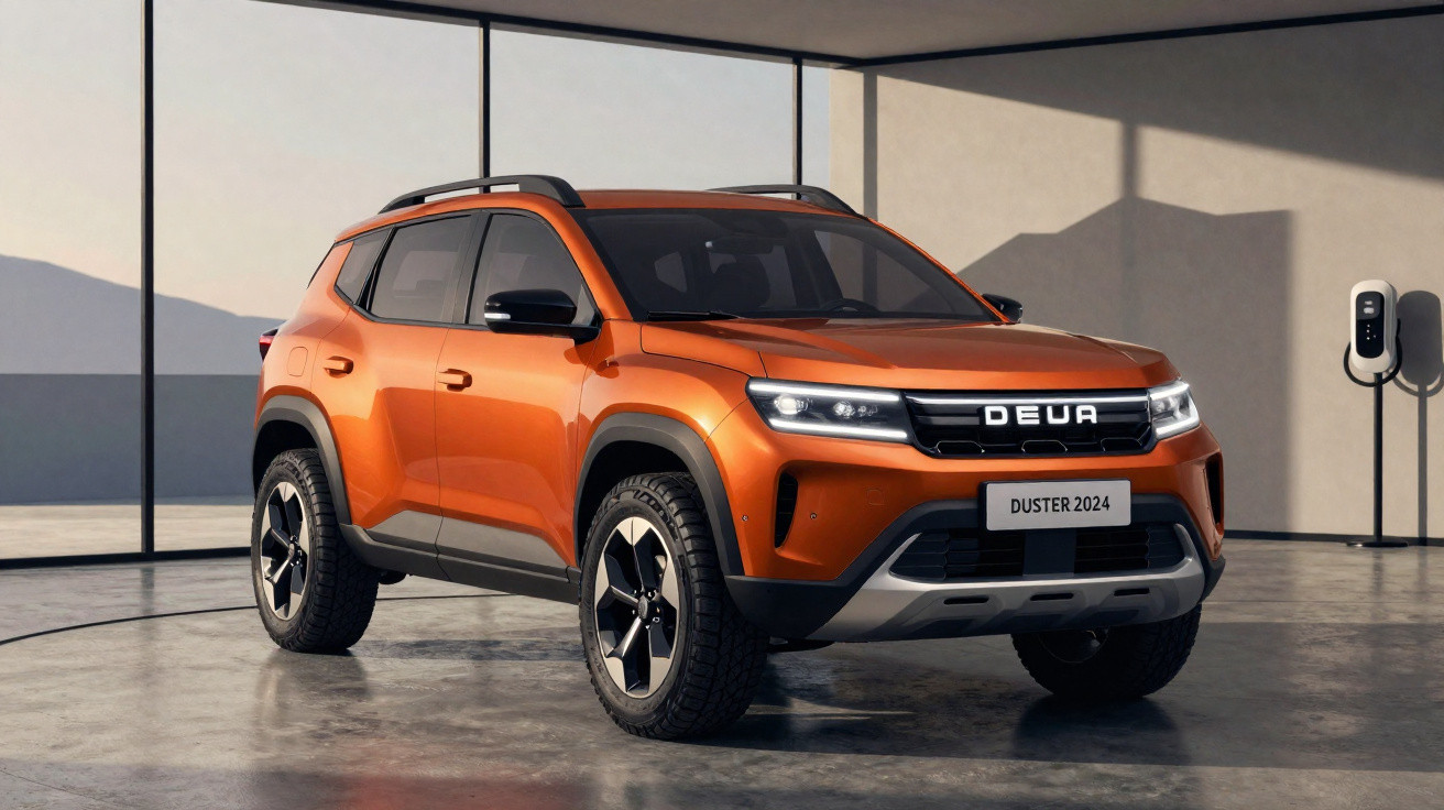 SUV laranja DEVA Duster 2024 estacionado em ambiente interno com parede e estação de recarga elétrica.