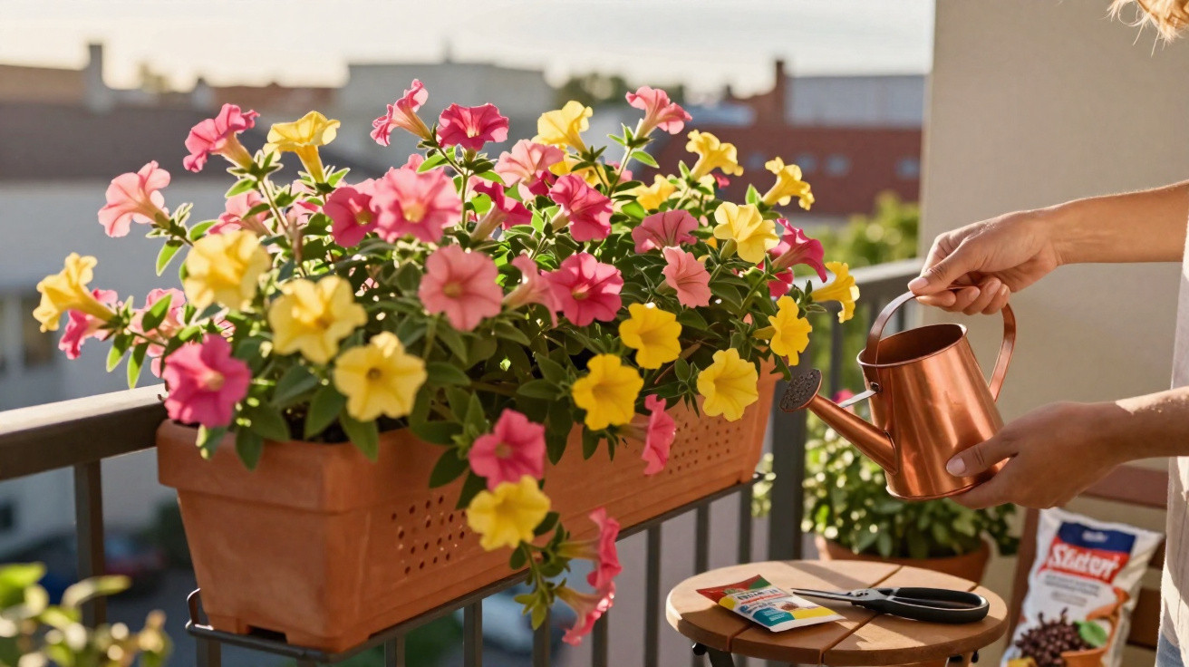 Pessoa regando flores amarelas e rosas em vaso retangular no parapeito de uma varanda ao sol.