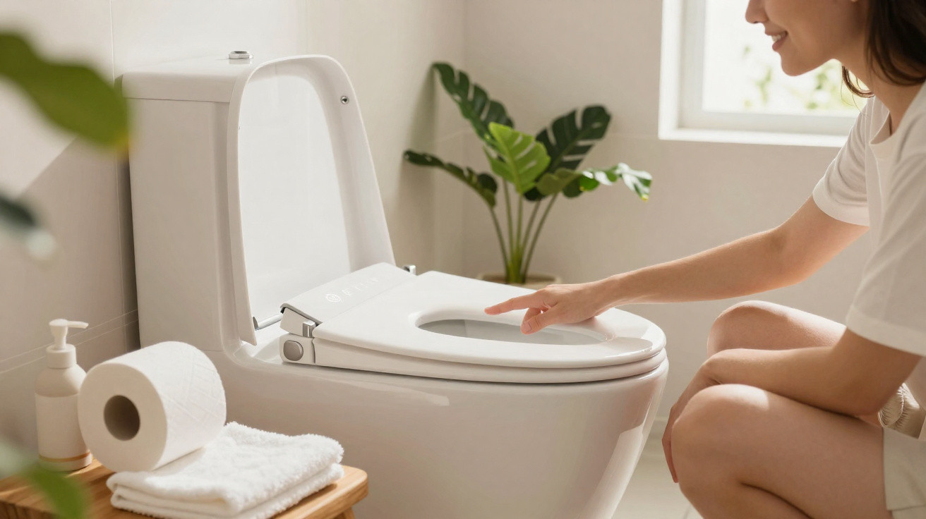 Mulher interagindo com assento de vaso sanitário inteligente em banheiro claro e decorado com plantas.