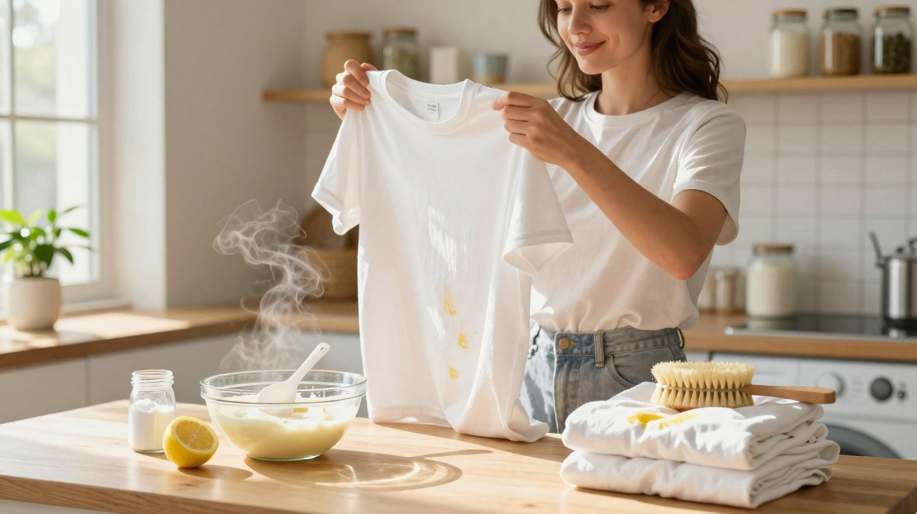Mulher olhando camiseta branca com manchas amareladas na cozinha, com produtos naturais e escova de limpeza na mesa.