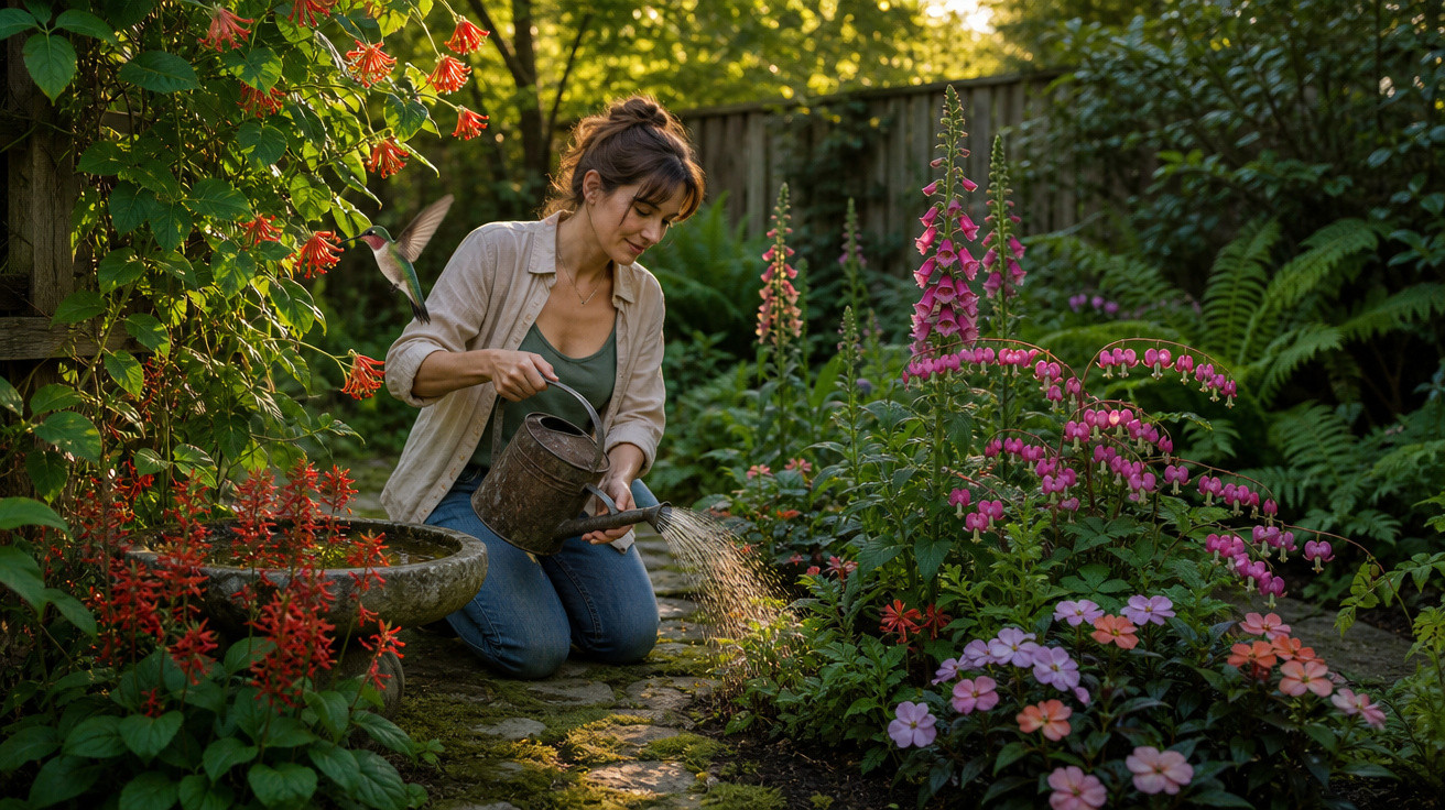 Mulher regando flores coloridas em jardim com beija-flor voando ao fundo no pôr do sol.