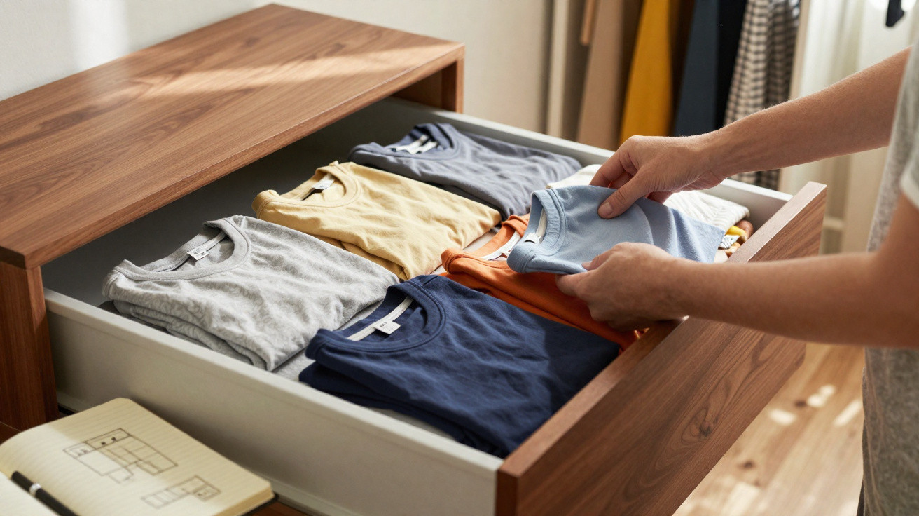 Pessoa organizando camisetas coloridas dobradas em gaveta de madeira clara.