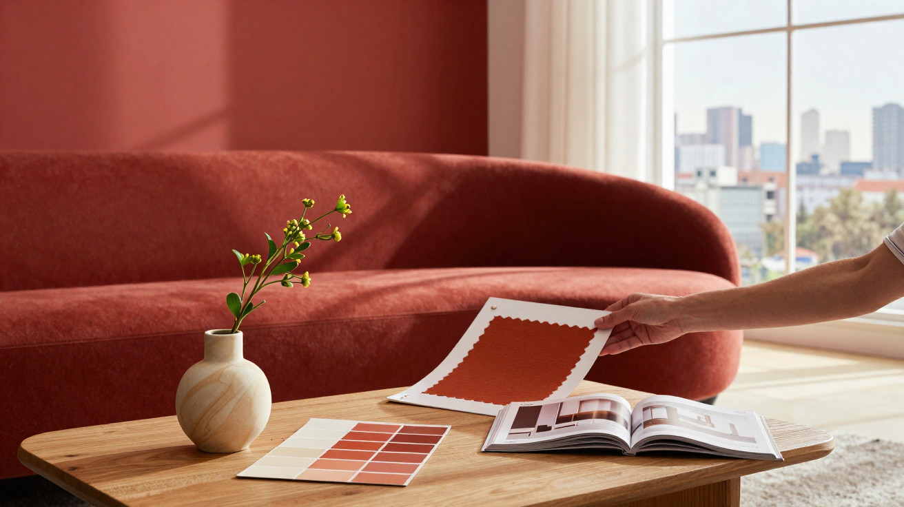 Sala com sofá vermelho, vaso com flor na mesa de madeira e mão segurando amostra de cor.
