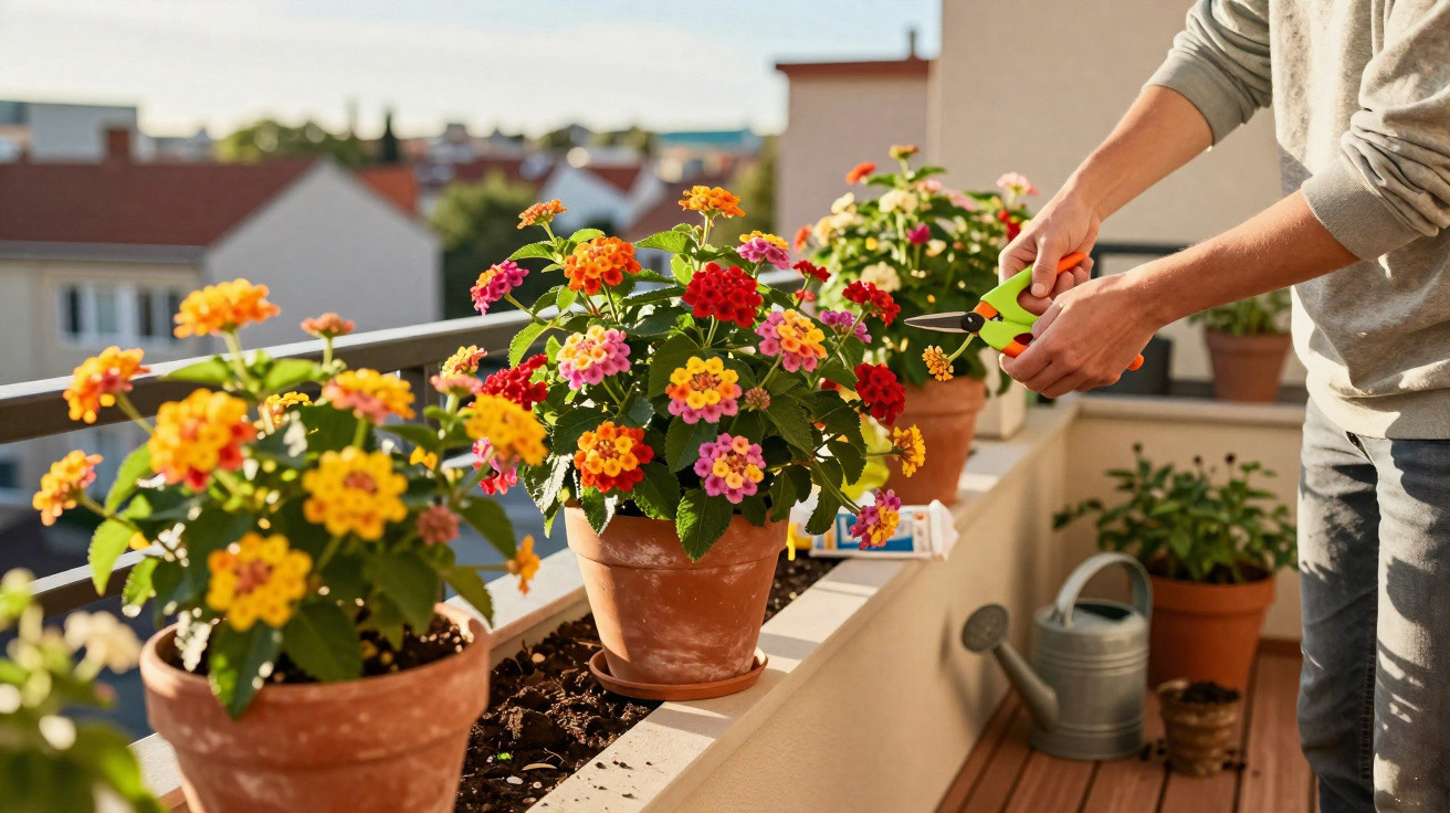 Pessoa cuidando de flores coloridas em vasos de barro em uma varanda ensolarada.