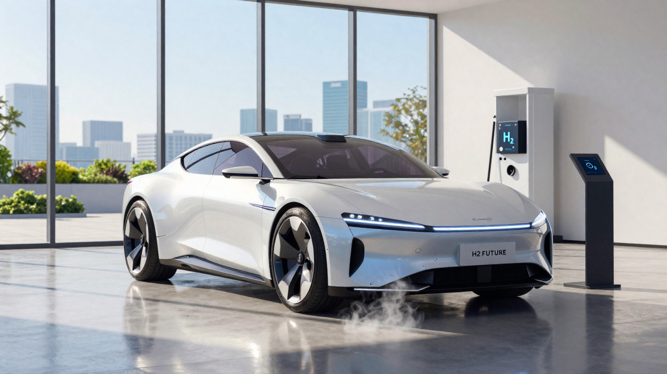 Carro elétrico branco futurista estacionado em ambiente moderno com estação de recarga de hidrogênio.