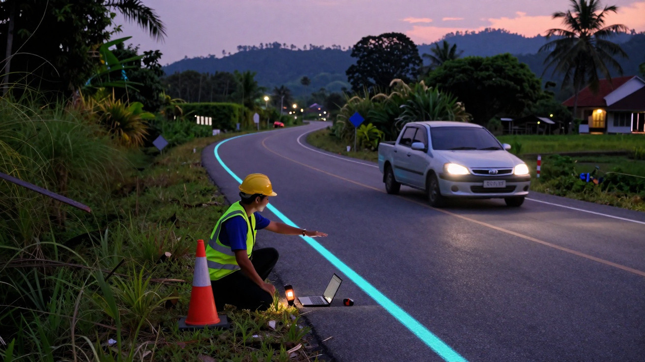 Trabalhador com colete e capacete monitora estrada rural ao entardecer com laptop e cone de sinalização.
