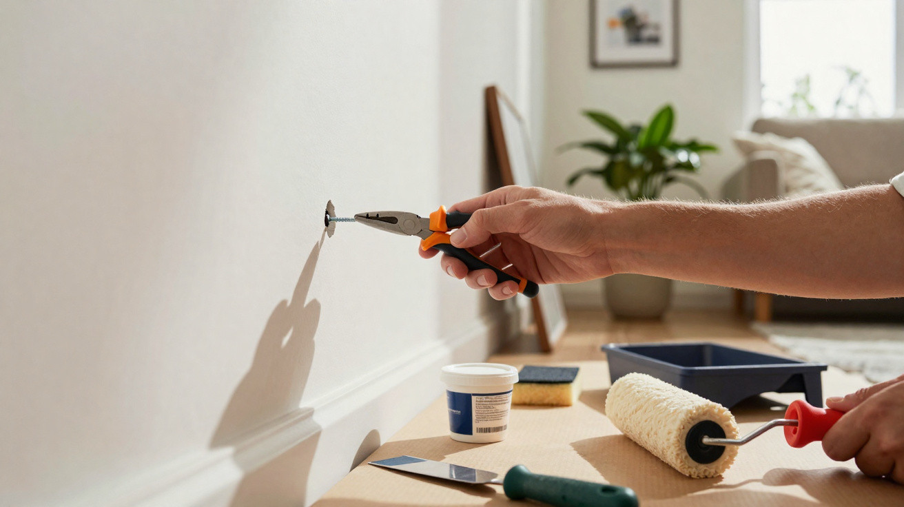 Pessoa usando alicate para fixar parafuso em parede branca, com rolo de pintura e acessórios sobre superfície.
