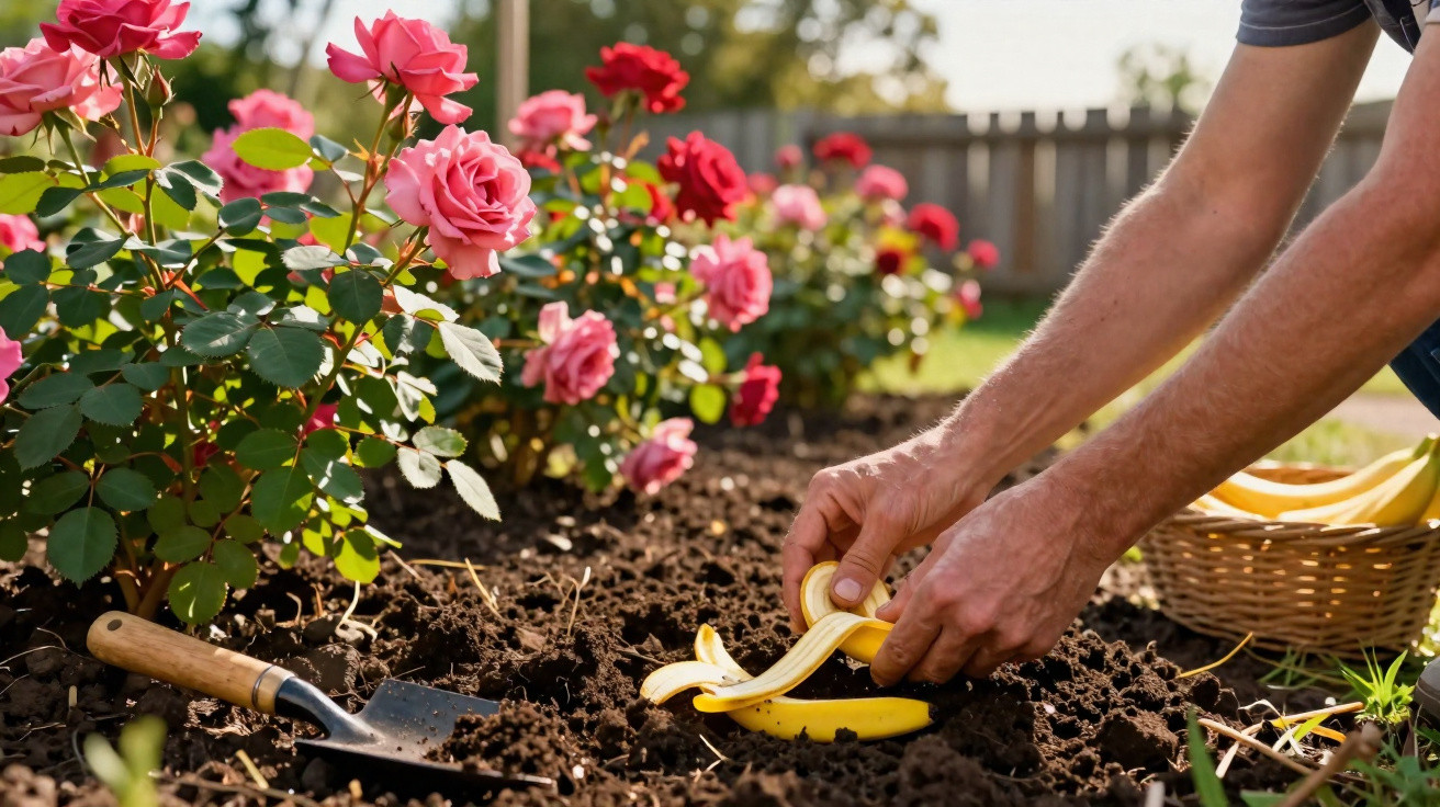 Pessoa plantando banana descascada em solo próximo a roseiras floridas em jardim ensolarado.