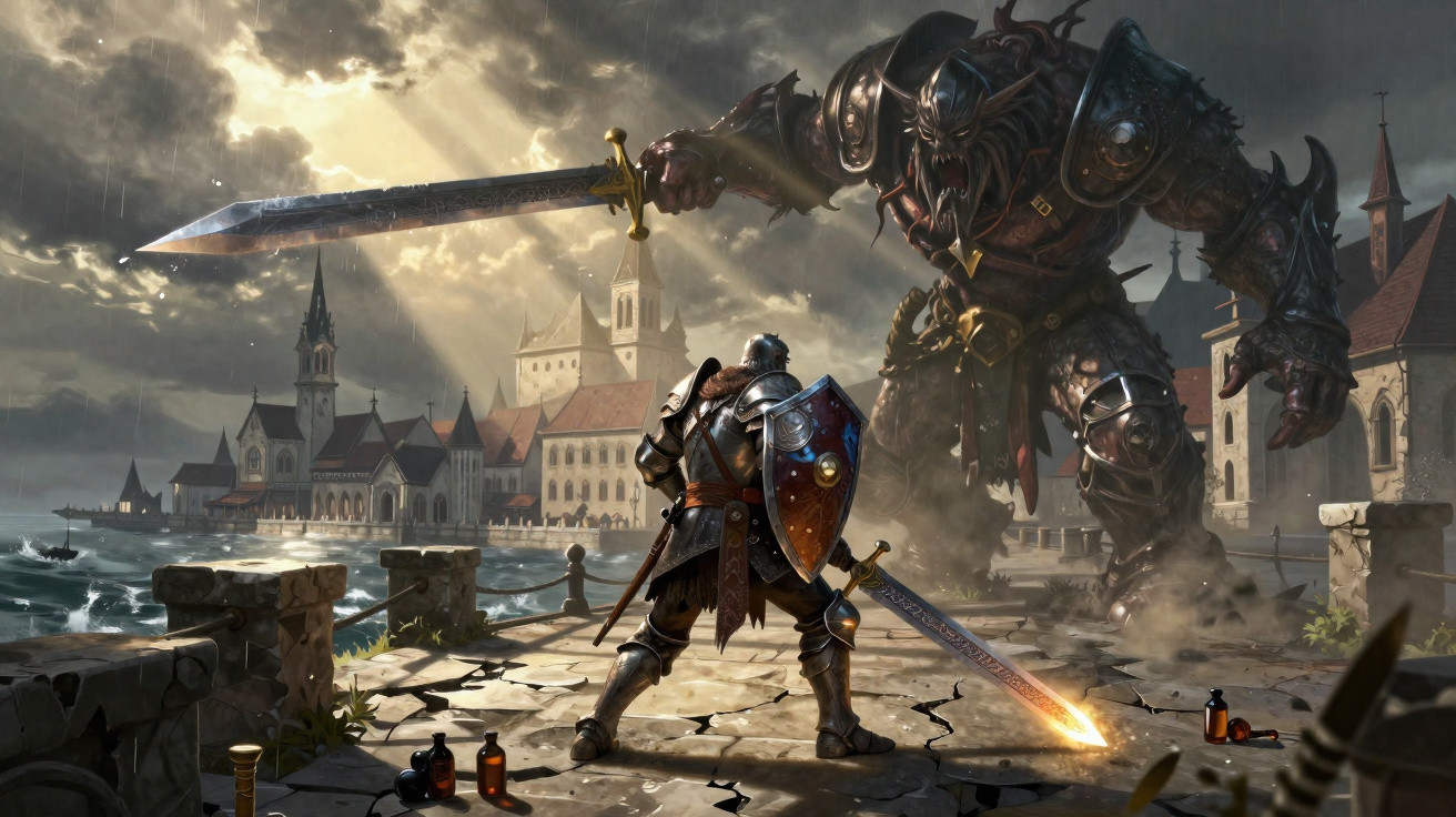 Cavaleiro armado enfrenta um gigante demoníaco com espada e escudo em cenário medieval chuvoso e nublado.