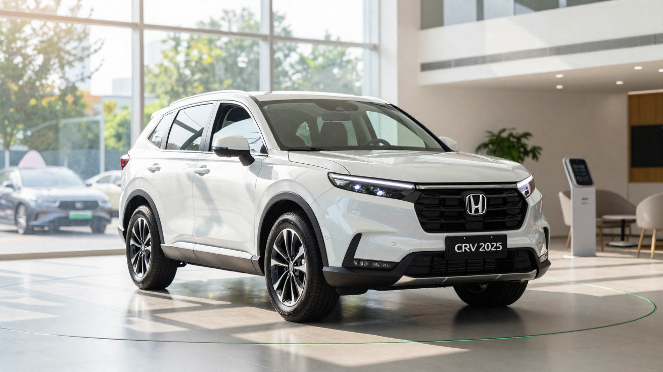 SUV Honda CR-V 2025 branco exibido em showroom moderno com luz natural entrando pelas janelas.