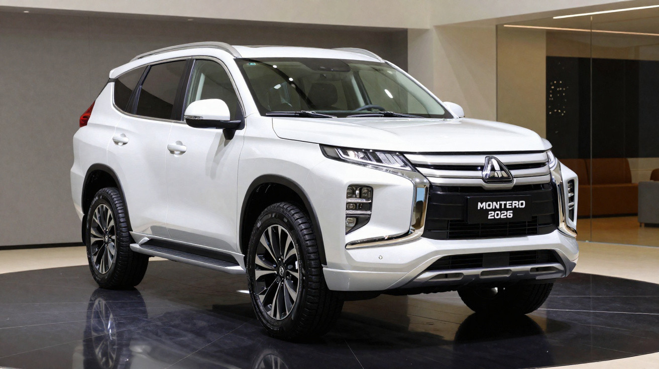 SUV branco Mitsubishi Montero 2026 exibido em salão com detalhes cromados e rodas pretas.