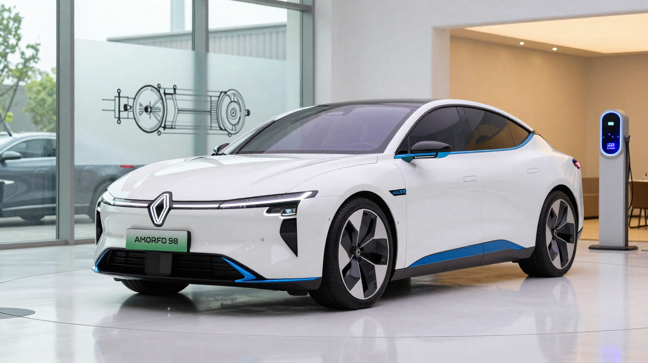 Carro elétrico branco Renault Amoore 98 em exposição, com estação de recarga ao fundo.