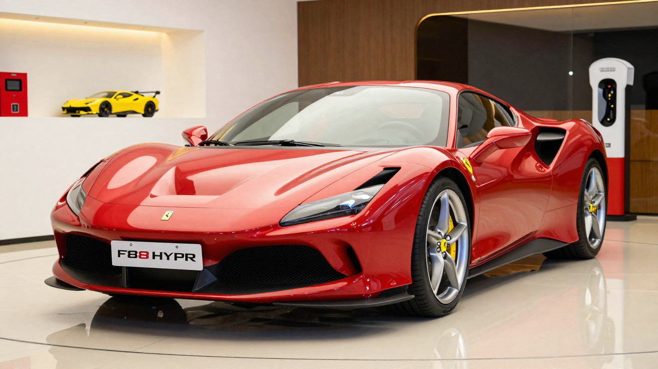 Carro esportivo Ferrari vermelho modelo F8 HYPR em ambiente interno moderno com piso branco brilhante.