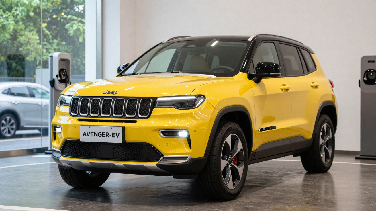 SUV elétrico Jeep Avenger EV amarelo exibido em showroom moderno.