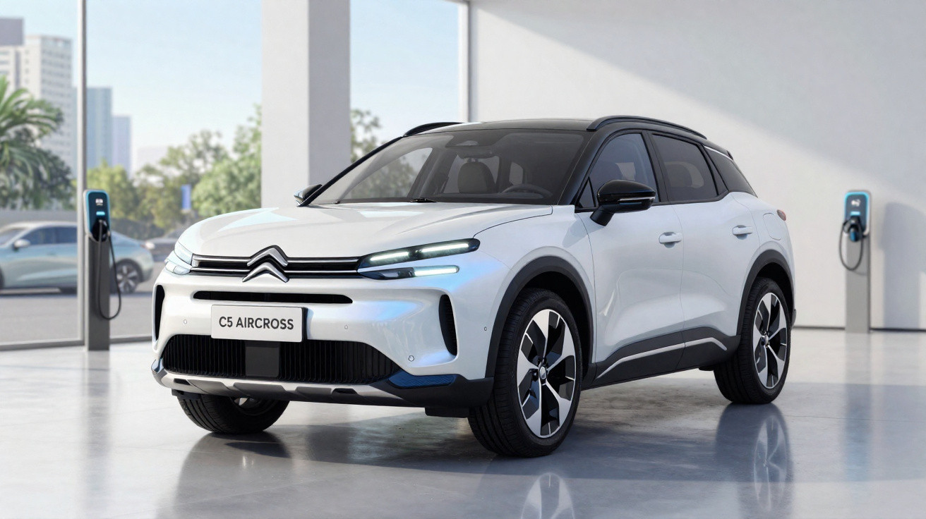 SUV elétrico Citroën C5 Aircross branco estacionado em estação de recarga dentro de prédio moderno.