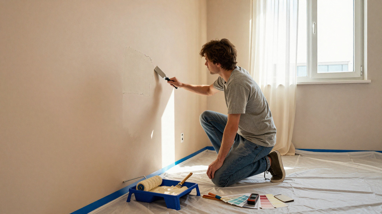 Homem reparando parede com espátula em cômodo protegido com lona para pintura.