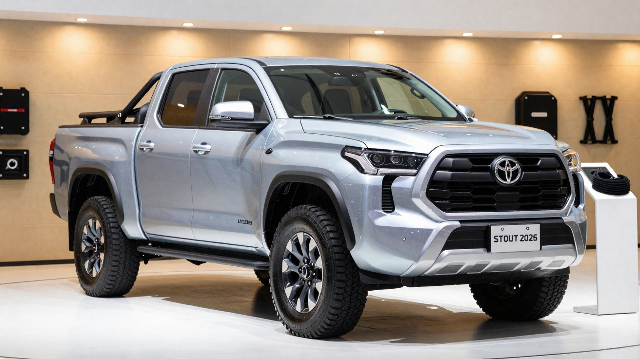 Picape Toyota Stout 2025 prata exibida em showroom com iluminação amarela e piso branco.