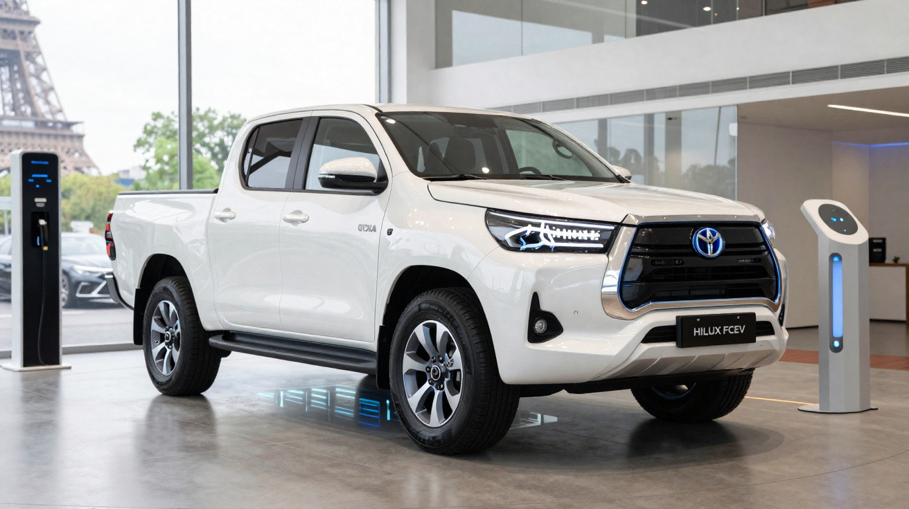 Picape Toyota Hilux FCEV branca em showroom moderno com estações de recarga.