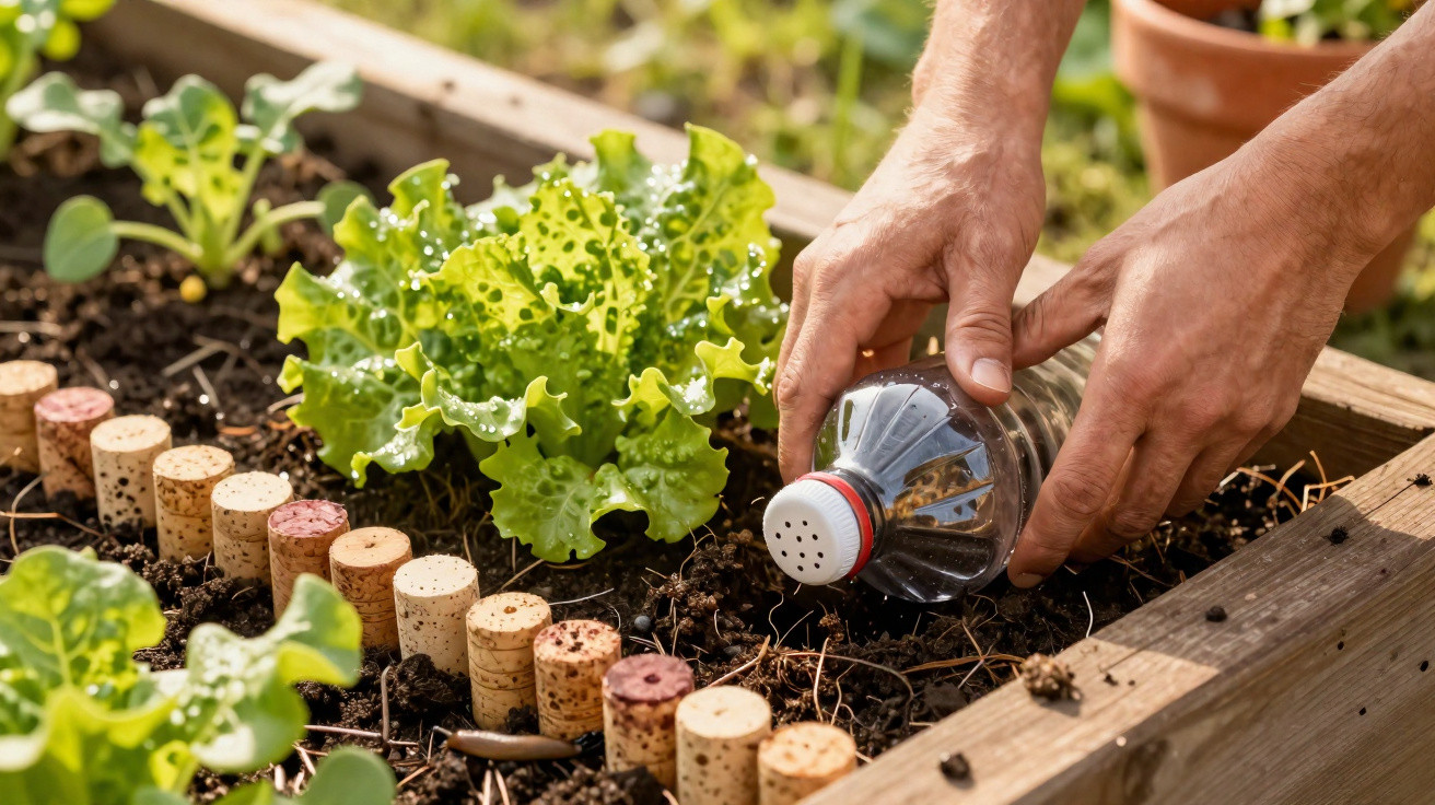 Mãos regando plantas em uma horta com garrafa plástica reaproveitada.