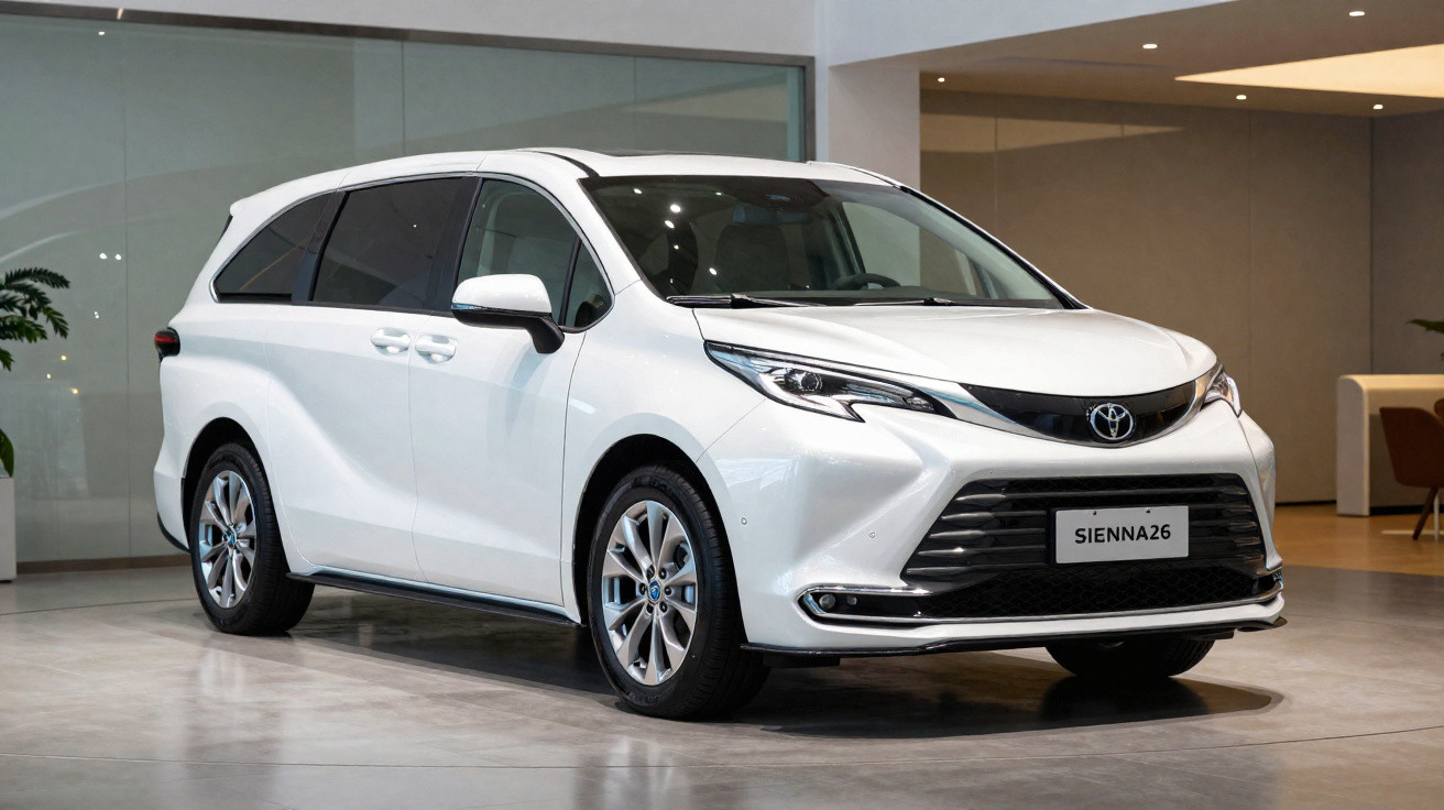 Minivan branca Toyota Sienna 2026 exibida em ambiente interno moderno e iluminado.