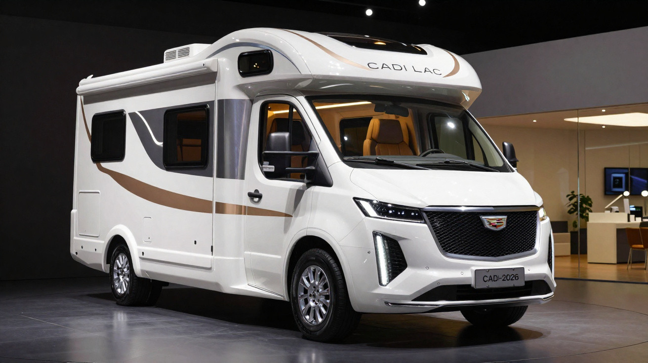 Motorhome branco elegante com detalhes em marrom e logotipo de Cadillac em ambiente interno.