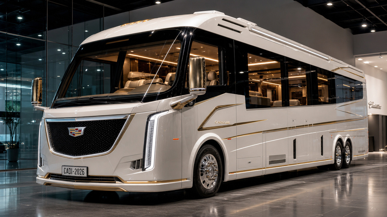 Ônibus de luxo branco da Cadillac estacionado em ambiente interno moderno e iluminado.