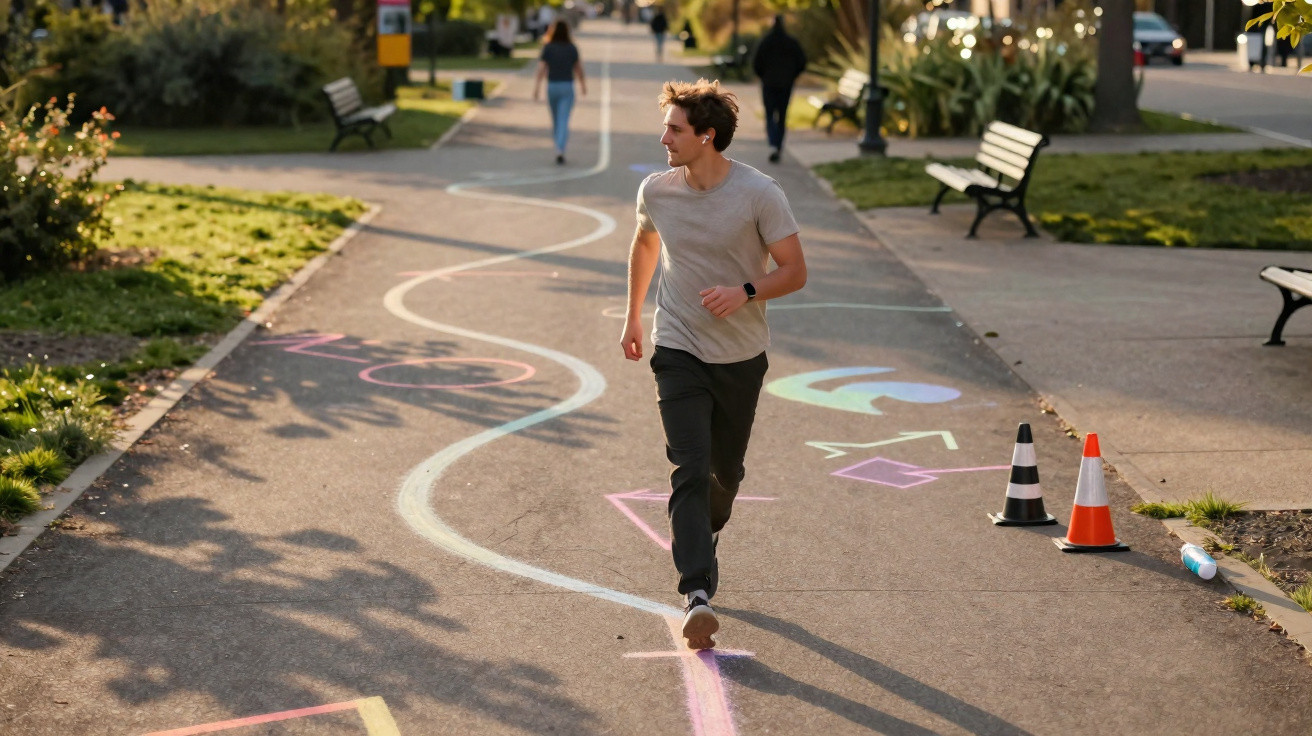 Homem correndo em pista de caminhada com desenhos coloridos no chão em parque ao entardecer.