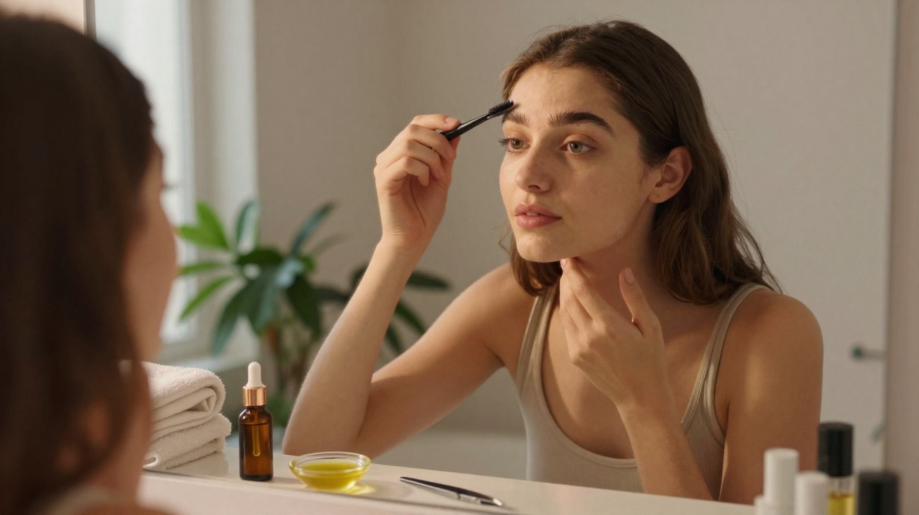 Mulher no espelho aplicando maquiagem nas sobrancelhas em ambiente doméstico, com produtos sobre bancada branca.