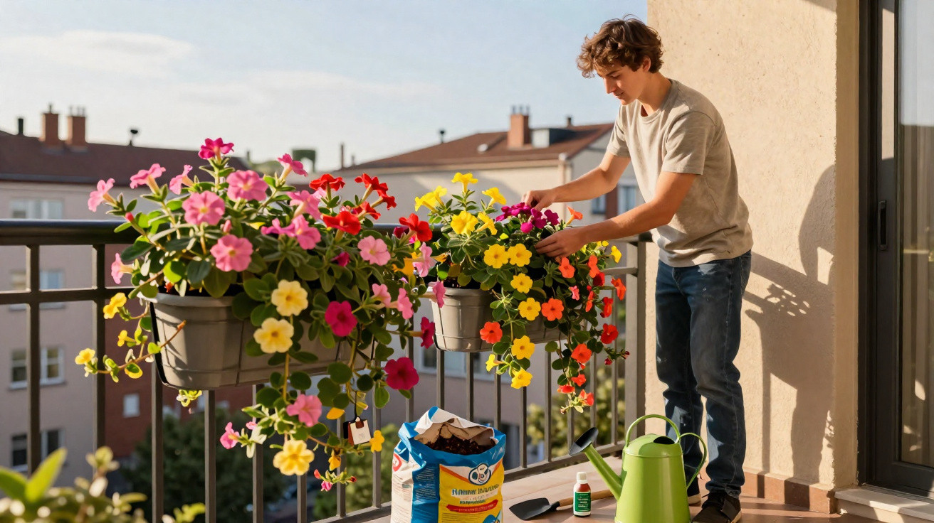 Jovem cuidando de flores coloridas em vasos suspensos na sacada de apartamento ensolarado.