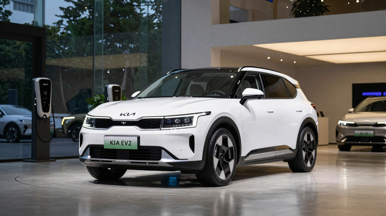 Carro elétrico branco Kia EV2 estacionado em showroom com carregadores ao redor.