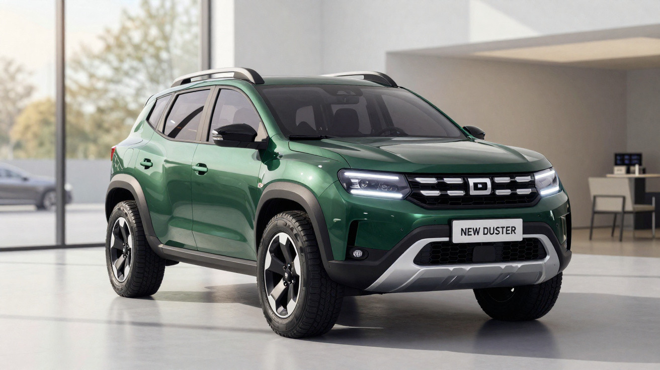 SUV Duster verde estacionado em showroom moderno com design robusto e faróis de LED ligados.
