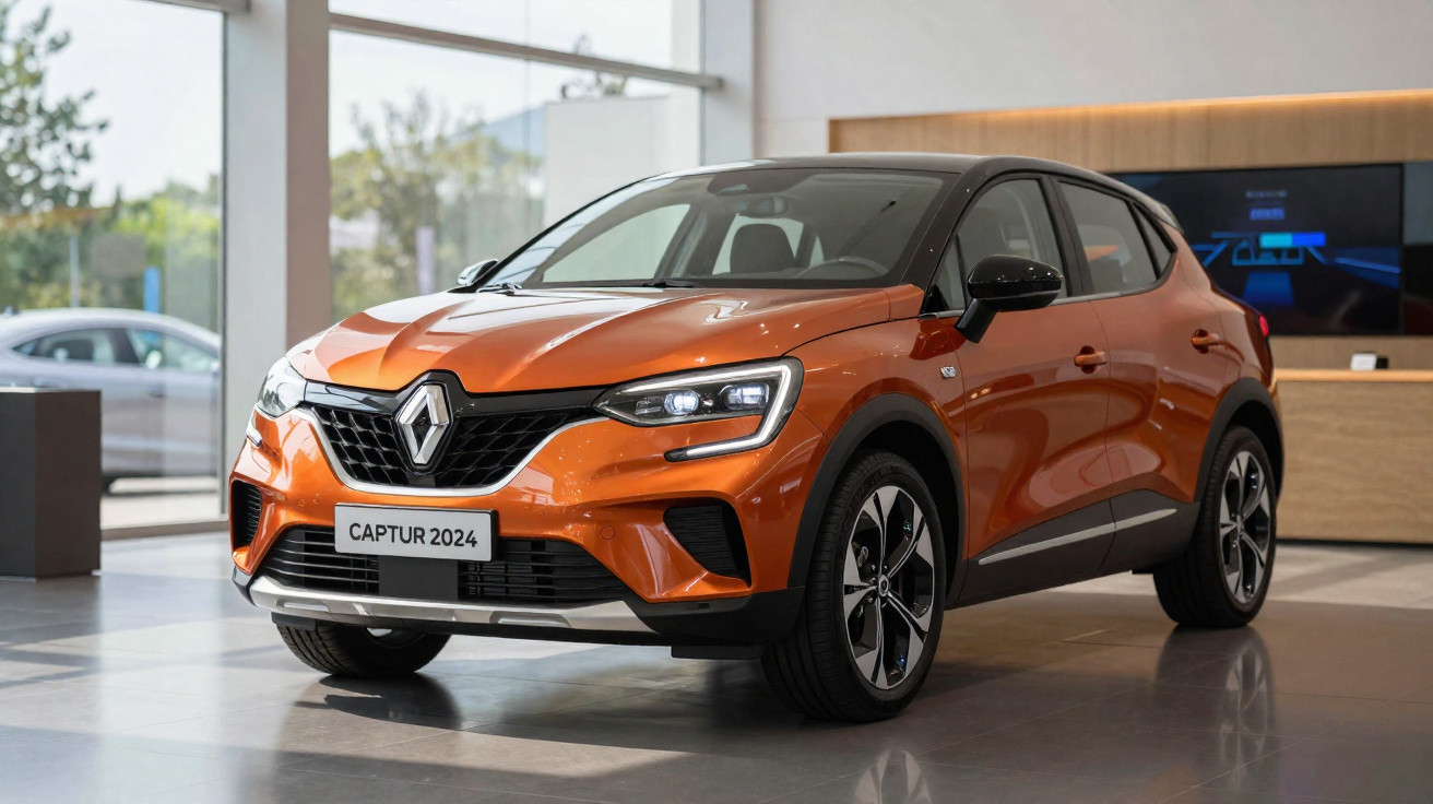 Renault Captur 2024 laranja exposto em showroom moderno com luz natural.