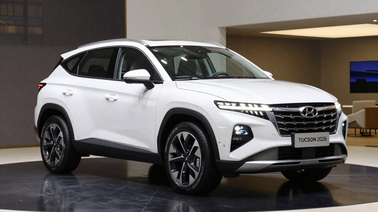 SUV Hyundai Tucson 2026 branco, vista frontal lateral esquerda, em ambiente interno moderno.