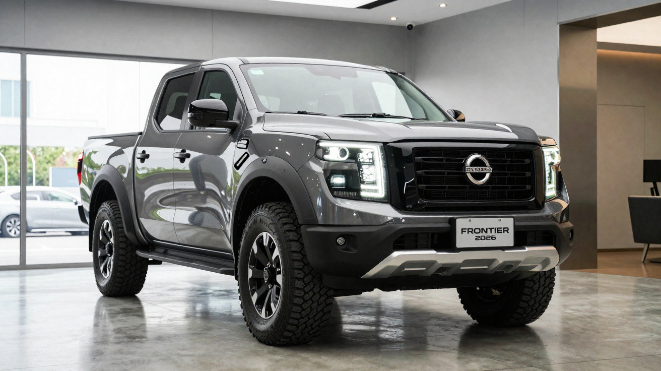 Picape Nissan Frontier 2026 cinza estacionada em ambiente interno moderno e iluminado.