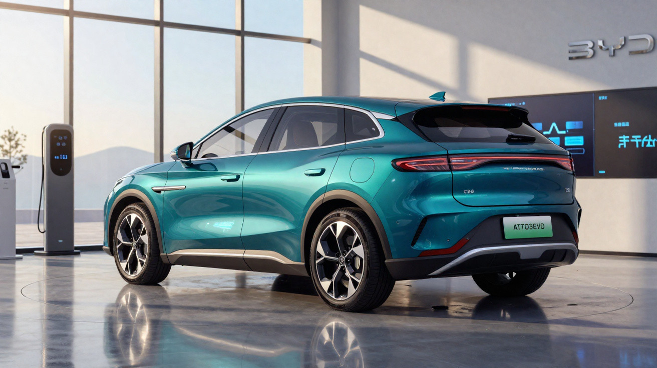 Carro elétrico azul metálico modelo SUV estacionado em ambiente interno moderno com carregador ao lado.
