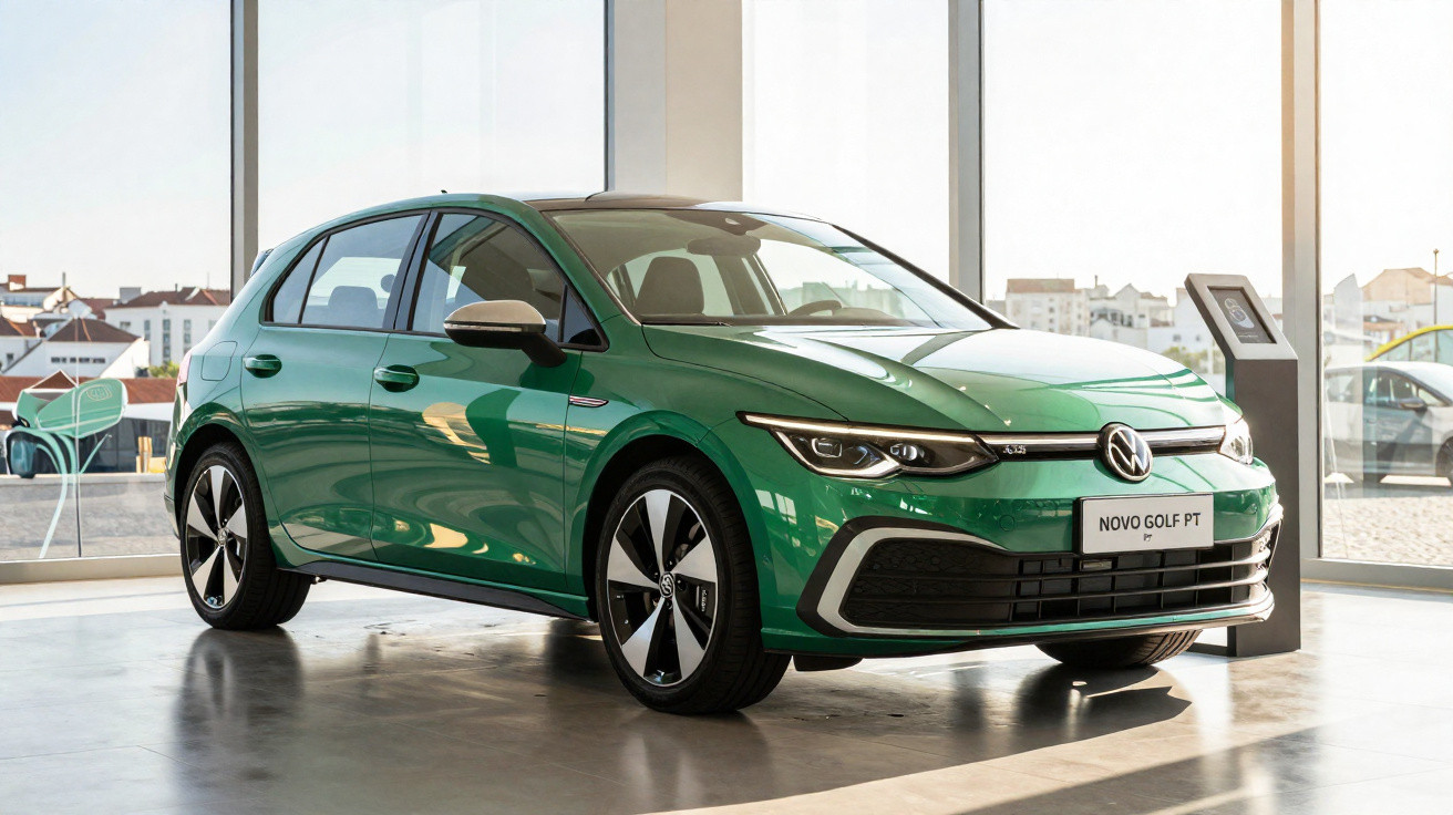 Carro Volkswagen Golf verde estacionado em showroom com janelas grandes ao fundo.