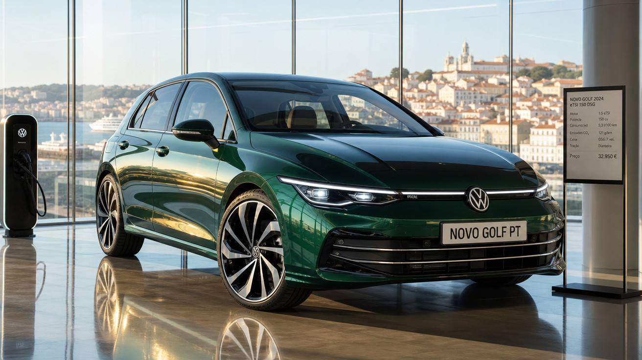 Volkswagen Novo Golf 2024 verde escuro em exposição ao lado de carregador elétrico com vista panorâmica da cidade.