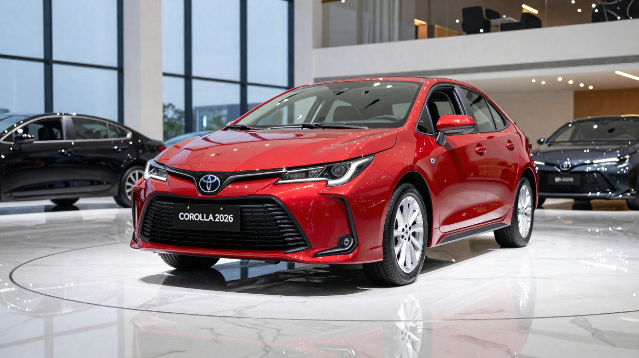 Carro vermelho Toyota Corolla 2026 em exposição dentro de showroom moderno.