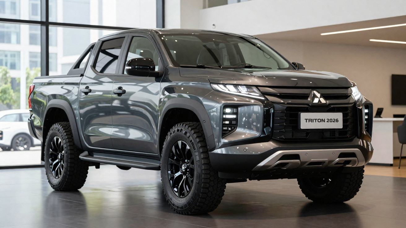 Picape Mitsubishi Triton 2026 cinza escuro em showroom com pneus off-road e design robusto.