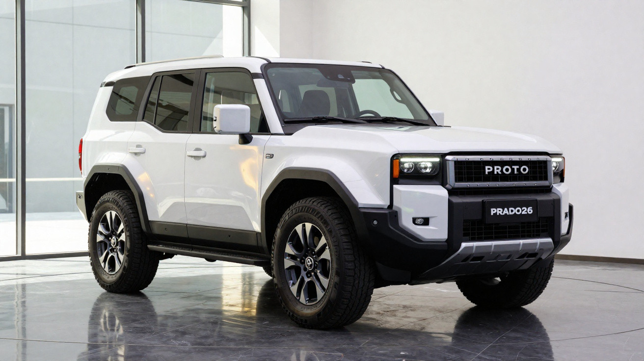 SUV branco Proto Prado26 estacionado em ambiente interno com piso refletivo e paredes claras.
