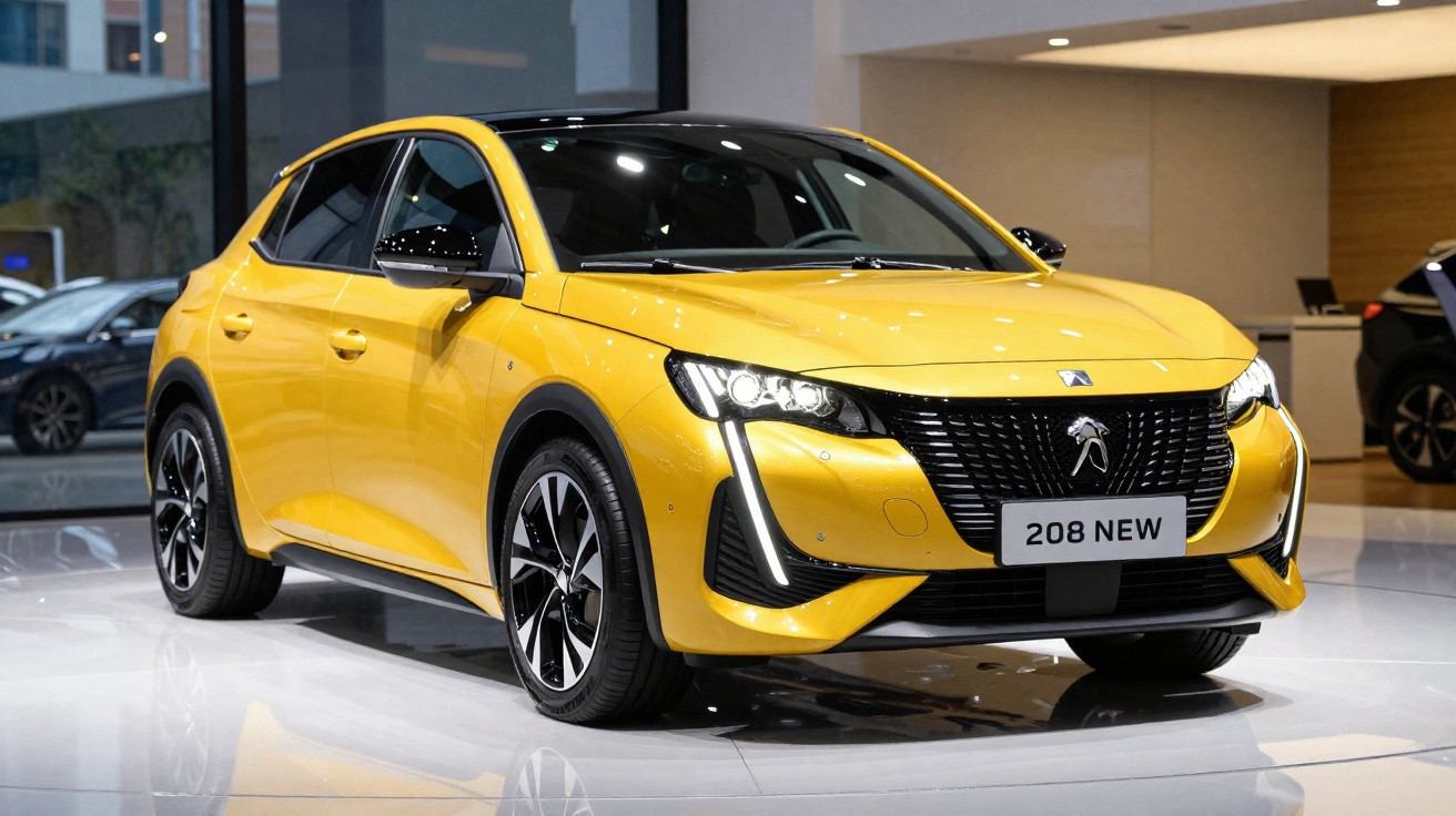 Carro Peugeot 208 novo, amarelo, em exposição interna com iluminação moderna e rodas esportivas.