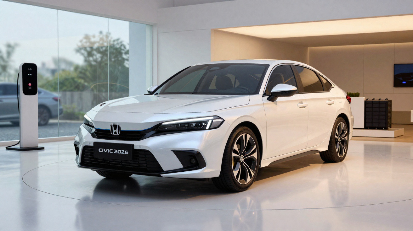 Carro branco Honda Civic 2026 exibido em ambiente interno moderno e iluminado.