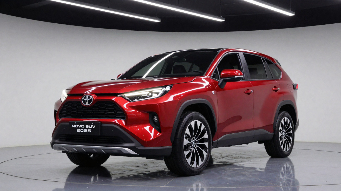 SUV vermelho Toyota 2025, exibido em estúdio com iluminação branca e fundo cinza.