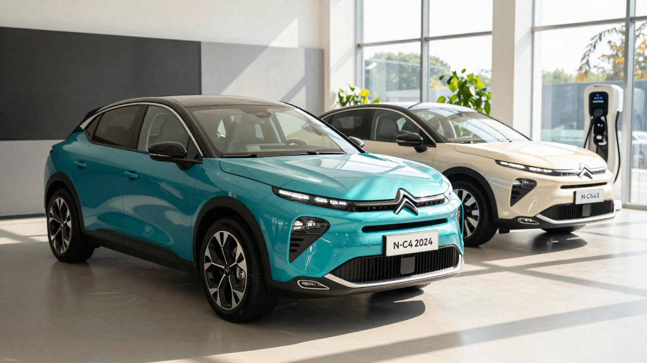 Dois carros elétricos Citroën N-C4 2024 em showroom com parede branca e janela grande iluminada.