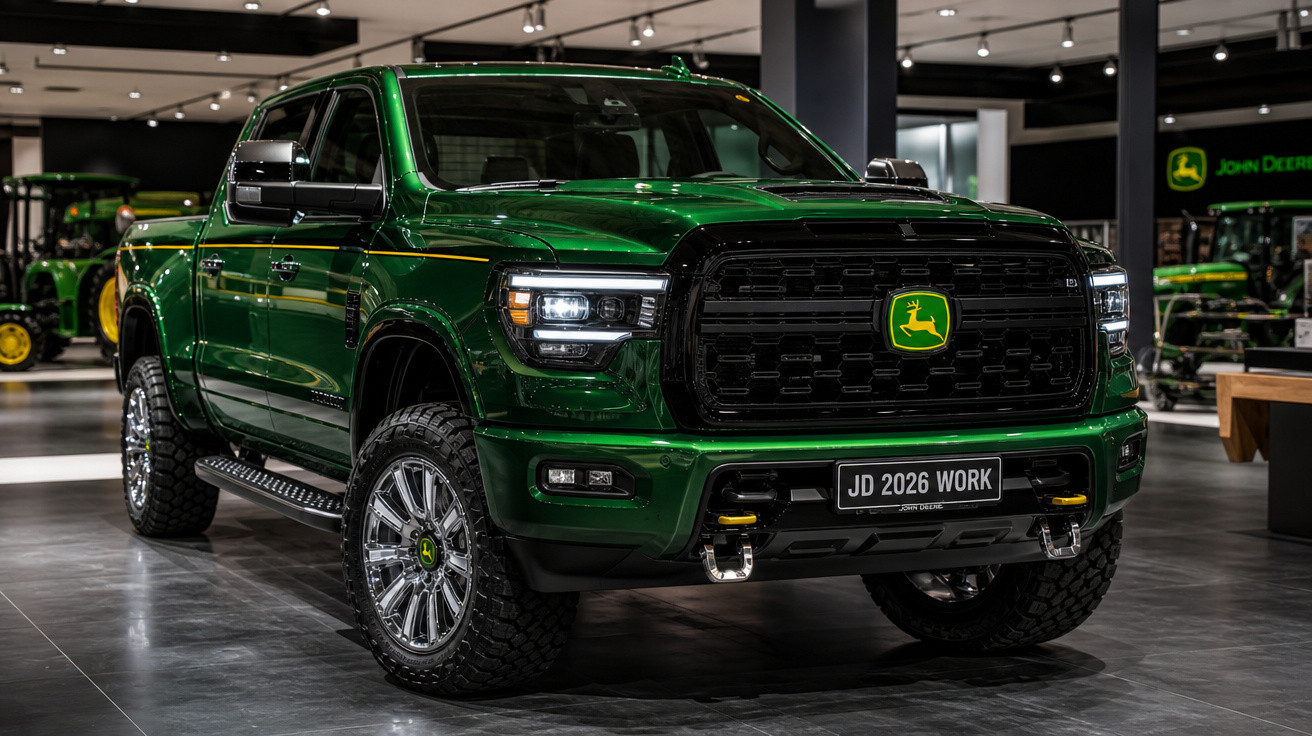 Picape verde John Deere JD 2026 Work exibida em showroom com iluminação interna.