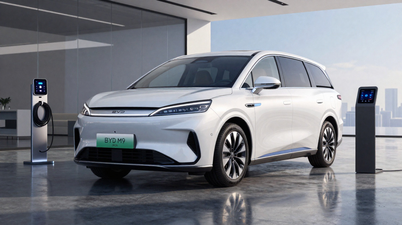 Carro elétrico branco BYD M9 estacionado em ambiente interno com dois pontos de recarga ao lado.